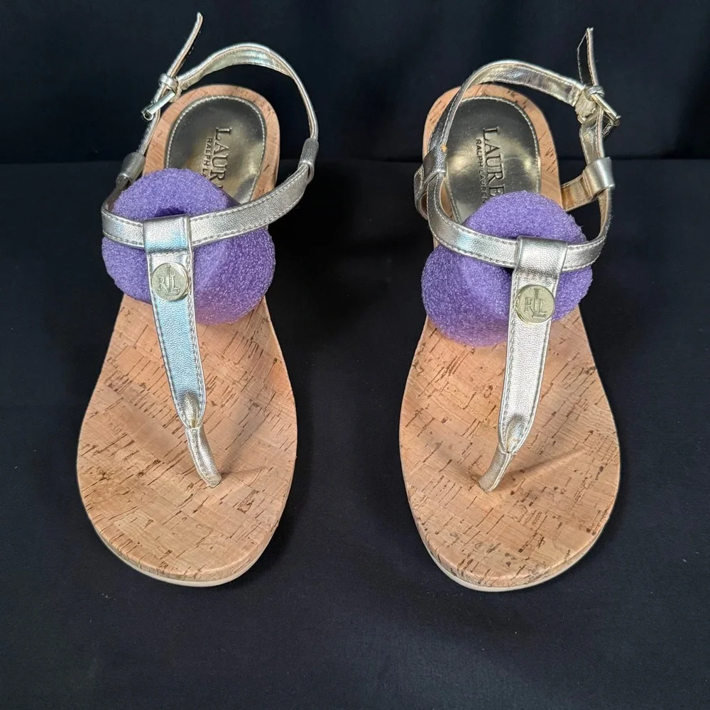 Lauren Ralph Lauren Reeta Cork Wedge Sandals Platino Silver Metallic Womens 8.5B